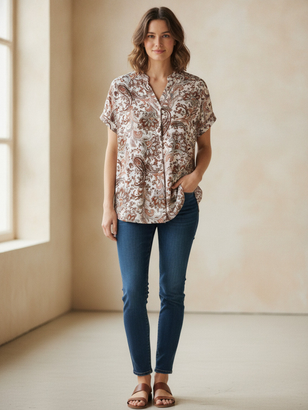 Fifty‎ Street Women's Paisley Print Short Sleeve Blouse, Size Large
